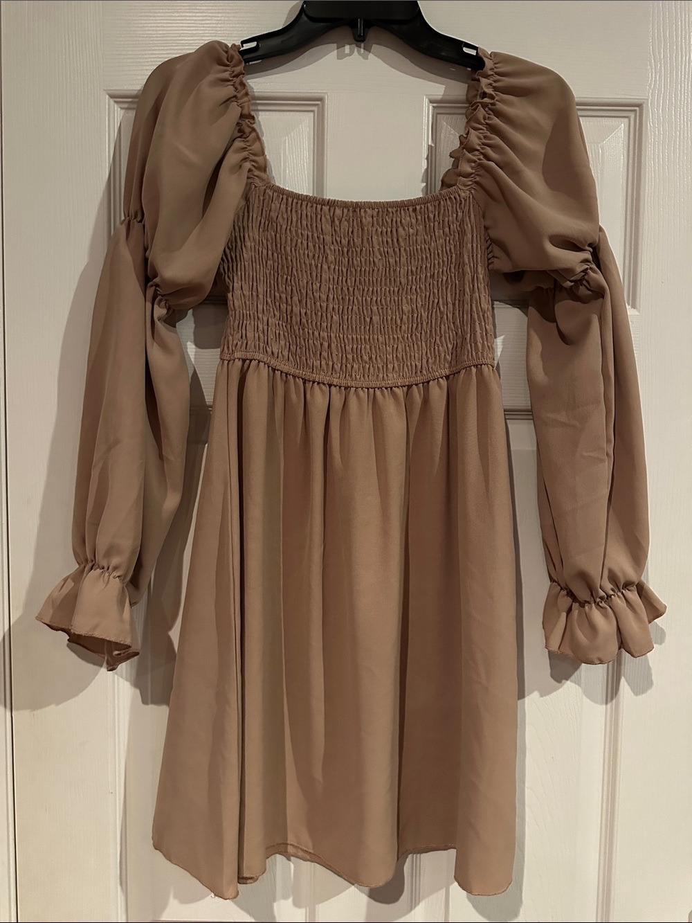 SHEIN Taupe Puff-Sleeve Smocked Mini Dress